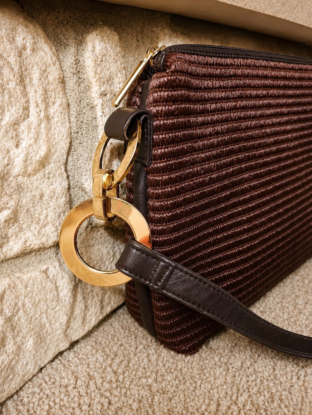 Brown Ribbed Crossbody Bag with Gold Ring Accent